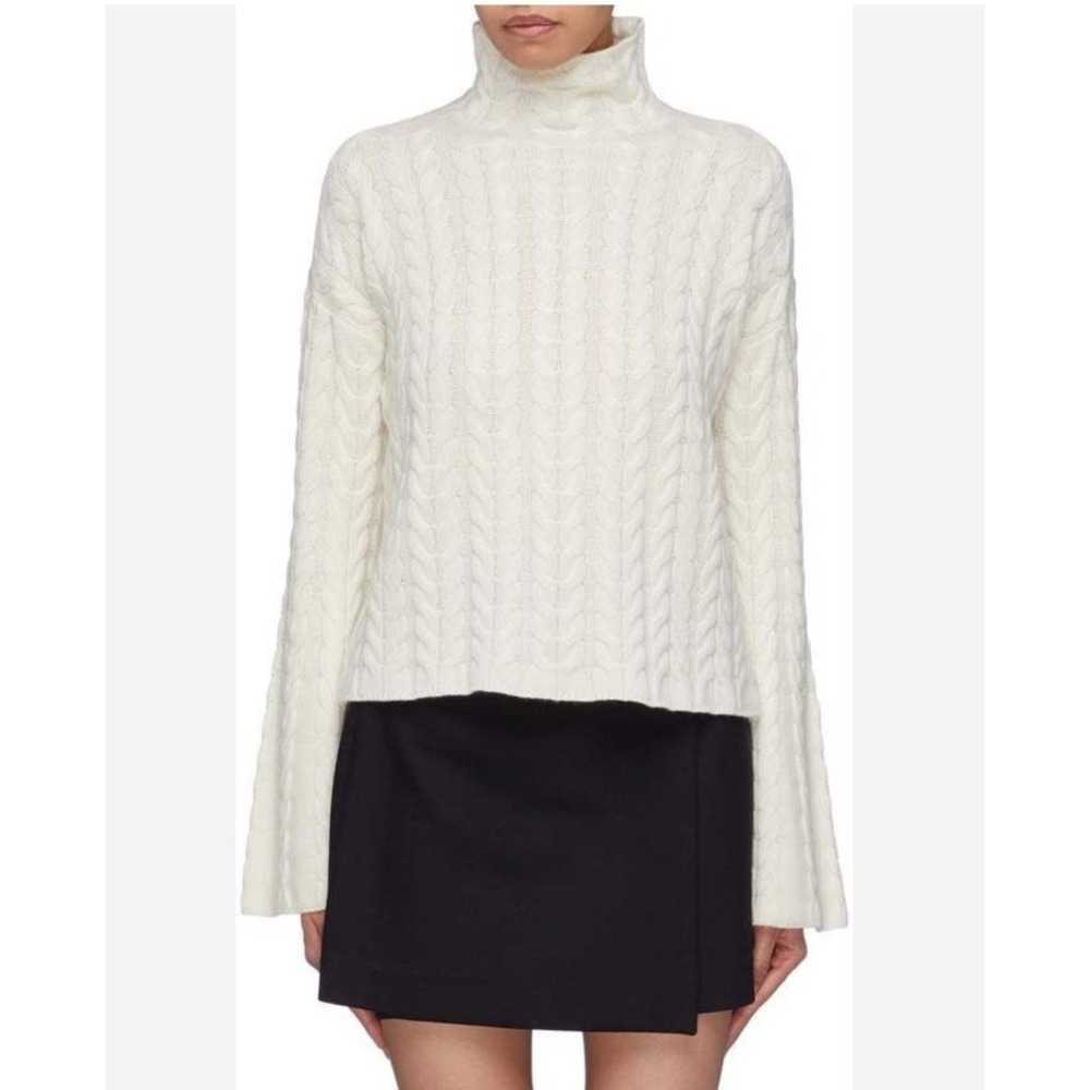 Theory Funnel Neck Cable Knit 100% Cashmere Bell Sleeves Ivory Sz S NEW